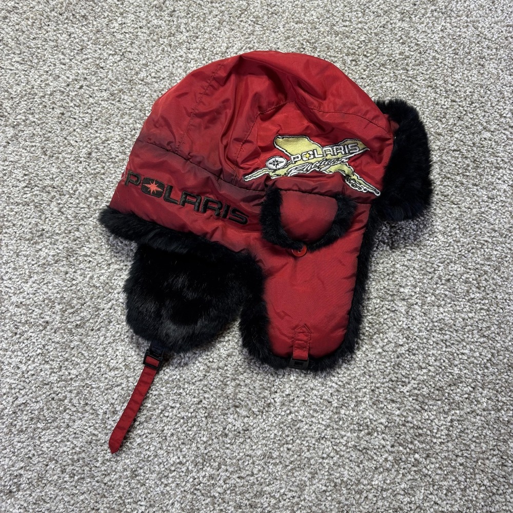 Polaris Racing Trapper Hat Red Nylon‎ Rabbit Fur Trim Ear Flaps XL Snowmobile